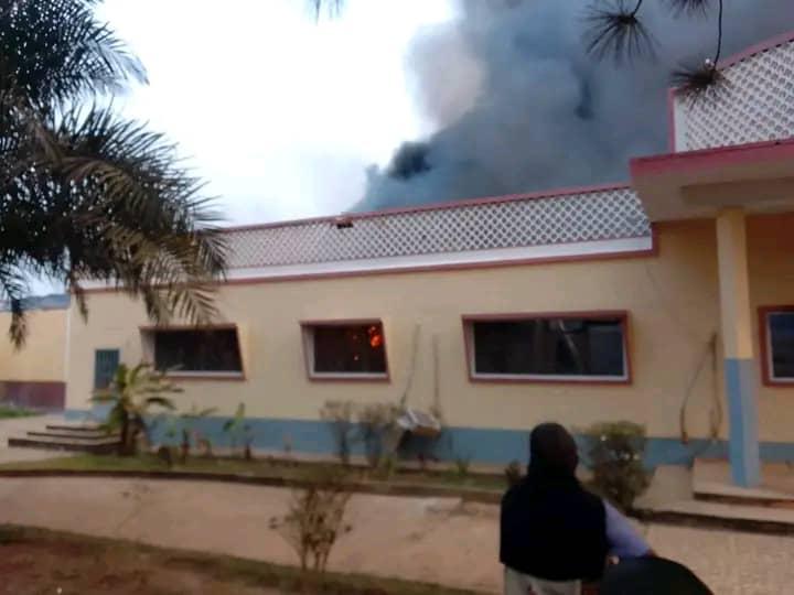 Smoke rising from the Kisantu Diocesan Printing Press during the June 2023 fire